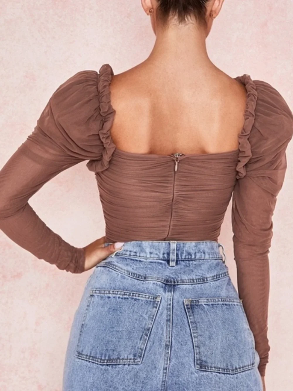 House Of CB Emme Mocha Ruched Chiffon Puff Sleeve Bodysuit Top Size Large